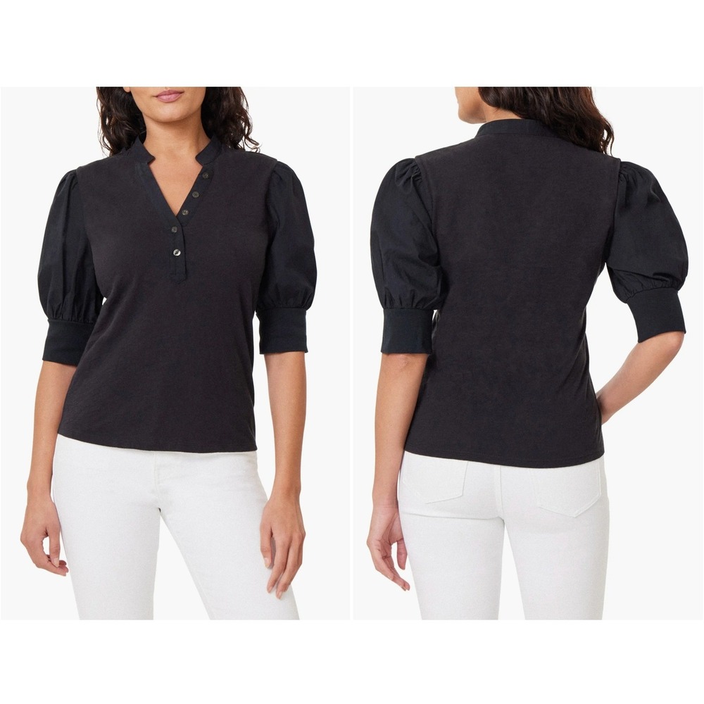 Habitual Puff Sleeve Henley Top in Black Size Medium Cotton Boho Chic NWOT - Picture 6 of 12